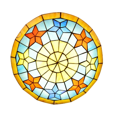 Mediterranean Style Star Motif Kids Room Flush Mount Light with Tiffany Stained Glass Shade, 2 Sizes