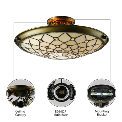 Metal Decor Beige Stained Glass Tiffany Three-light Semi Flush Mount Ceiling Light