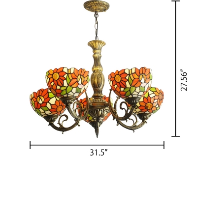 Tiffany Orange Sunflower Handmade Glass Shade Chandelier in Antique Brass Finish 3 Sizes for Option