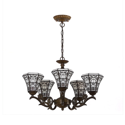 Traditional Tiffany Art Glass 5-Light Inverted Chandelier with Classic Black Pattern Hexagon Shade
