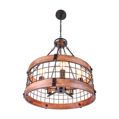 Vintage Style Metal Iron Frame 5 Light Wood Chandelier Light for Indoor with Adjustable Chain