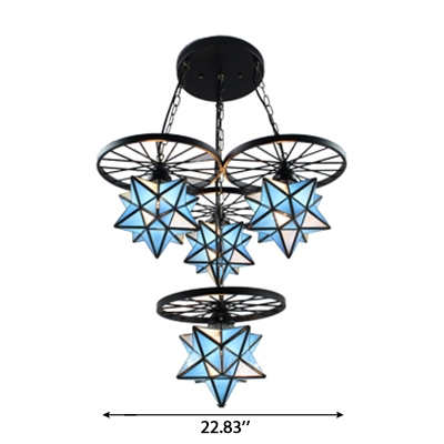 2-Tier Sky Blue Star Designed 4-Light Pendant Light Fixture with Black Wheels for Kids Room
