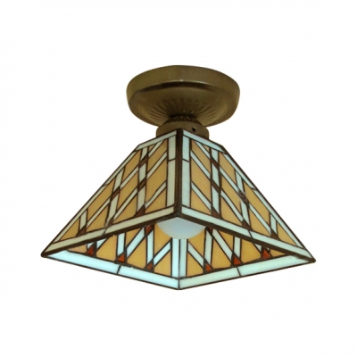 Geometric Pattern Square Tiffany Semi Flush Mount Light with Heritage Bronze Canopy