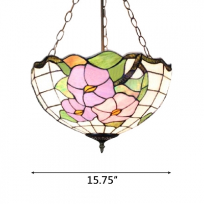 Lotus Theme Bowl Shaped Semi Flush Mount Light Tiffany Style Inverted Stained Glass Lampshade, 16