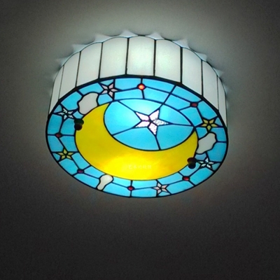 Mediterranean Style Cartoon Tiffany Flush Mount Light Featuring Star and Moon Pattern for Kids Bedroom