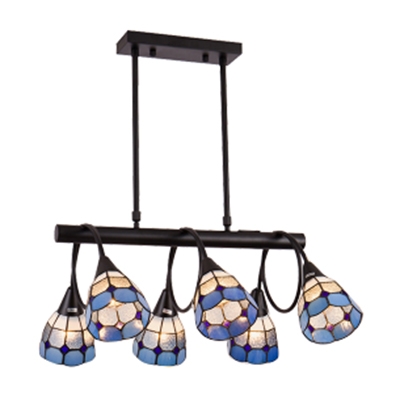 Nautical Style 6/10-Light Blue Checkered Dome Shade Linear Chandelier for Dining Room Restaurant