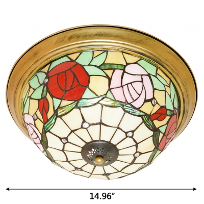 Red/Pink Rose Stained Glass Flush Mount Light with Aged Brass Canopy for Living Room
