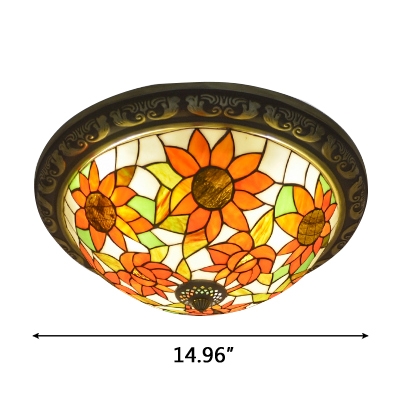 Sunflower Theme Tiffany Stained Glass Flush Mount Light with Bronze Finish Canopy 15