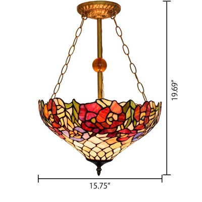 Three Light Flower Designed Tiffany Style Inverted Hanging Pendant Lamp, Multi-Colored, 16-Inch Wide