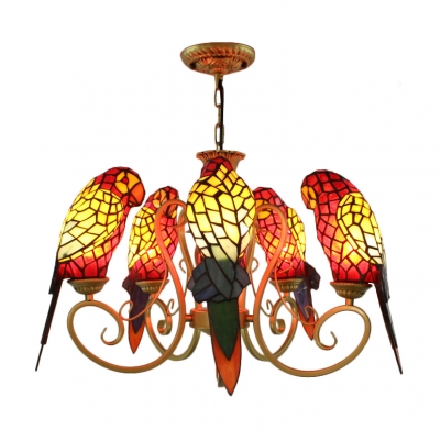 Tiffany Stained Glass 5-Bulb Red/Yellow Parrot Shade Chandelier in Brass Finish