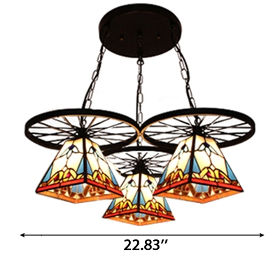 Tiffany Stained Glass Pyramid Shade Multi Light Pendant Light with Wheel Decor 2 Designs for Option