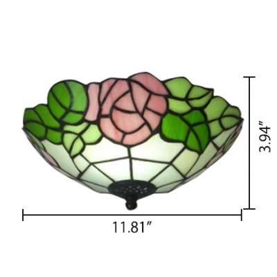 12-Inch Wide Flush Mount Lamp with Pink Rose Pattern Tiffany-Style Art Glass Shade