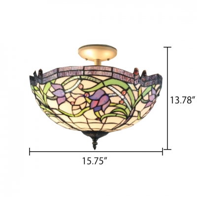 2-Light Inverted Semi-Flush Mount Ceiling Fixture with Vivid Pattern Glass Shade, Burnished Brass