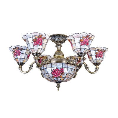 Handmade Natural Shell Floral Theme Chandelier with Center Bowl in Shabby Chic Style