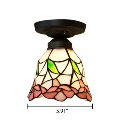 Pink Flower Bell Shaped Flush Mount Ceiling Light with Tiffany Stained Glass, 6
