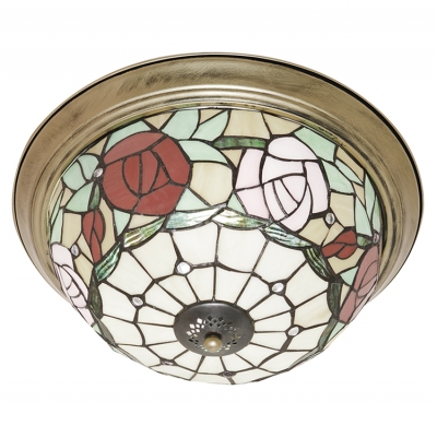 Red/Pink Rose Stained Glass Flush Mount Light with Aged Brass Canopy for Living Room