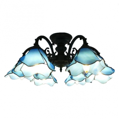 Special Designed Blue Flower Shape 6-Light Semi Flush Ceiling Light in Black Finish 26.77
