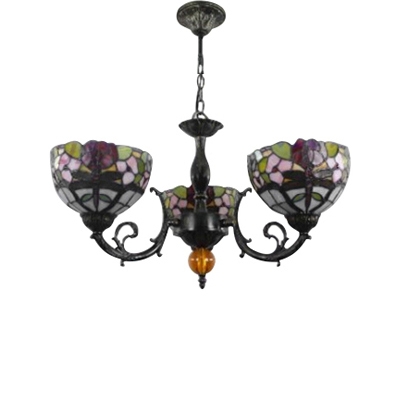 Three Light Dragonfly Mix Flowers Chandelier with Multicolored Glass Shade