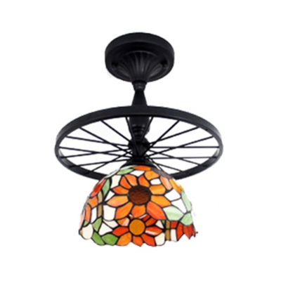 Tiffany Stained Glass Dome Shade Semi Flush Ceiling Light With
