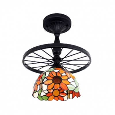 Tiffany Stained Glass Dome Shade Semi Flush Ceiling Light with Vintage Wheel Decor 15.35