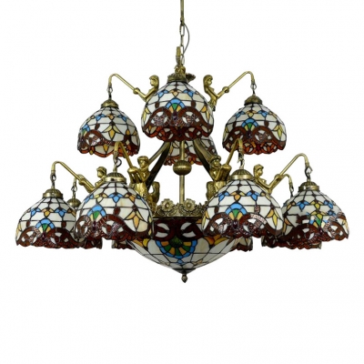 2-Tier Victorian Style Tiffany Stained Glass Chandelier with Mermaid Designed Arms