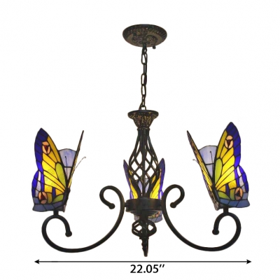 3-Light Yellow&Blue Butterfly Chandelier with Wrought Iron Black Arms for Living Room Kids Room