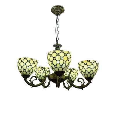 5-Light Beige Stained Glass Tiffany Style Chandelier in Antique Bronze Finish
