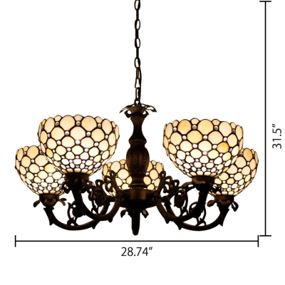 5-Light Beige Stained Glass Tiffany Style Chandelier in Antique Bronze Finish