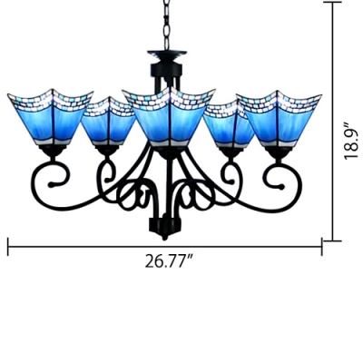 5/6-Light Vintage Stained Glass Shade Inverted Chandelier in Blue/Beige
