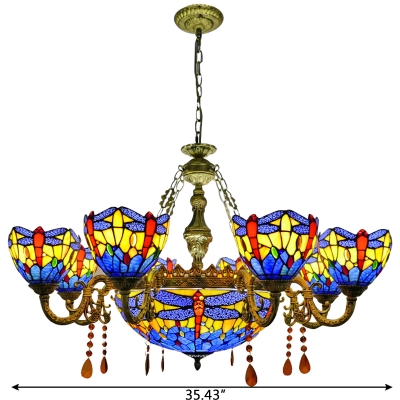 8+1/10+1 Lights Blue Stained Glass Dragonfly Chandelier with Aged Brass Arms in Shabby Chic Style