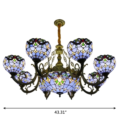 Blue Stained Glass Victorian Style 1/2-Tier Center Bowl Chandelier for Living Room Hotel