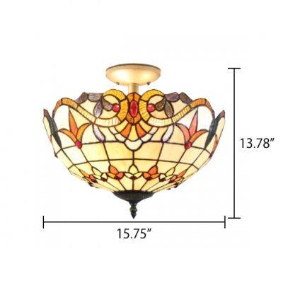 Brightly Hued Tiffany 2-Light Semi Flush Mount in Baroque Style, 16-Inch Wide, Multi-Colored