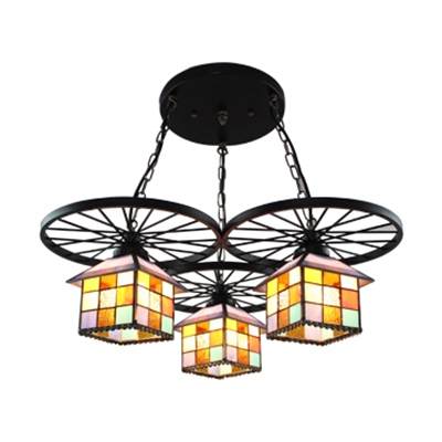 Colorful House Shade 3-Light Pendant Lamp with Black Wheel Decorations 22.82