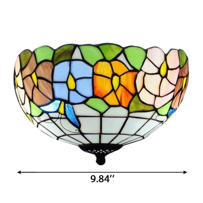 Multi-Colored Tiffany Style Bowl Shaped Flush Mount Ceiling Light with Butterfly and Beautiful Flower Pattern