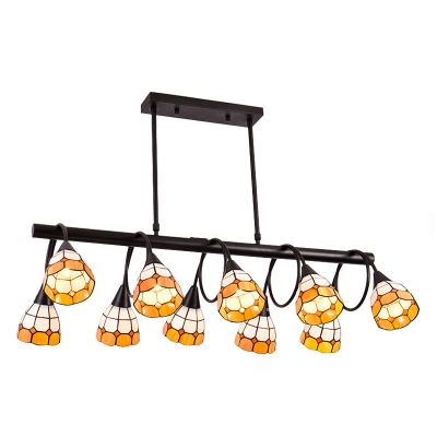 Orange&White Grid Pattern Art Glass Shade Linear Chandelier in Black Finish 2 Sizes Available