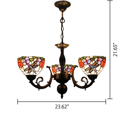 Three Light Dragonfly Mix Flowers Chandelier with Multicolored Glass Shade