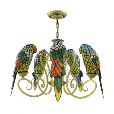 Tiffany Stained Glass 5-Bulb Red/Yellow Parrot Shade Chandelier in Brass Finish