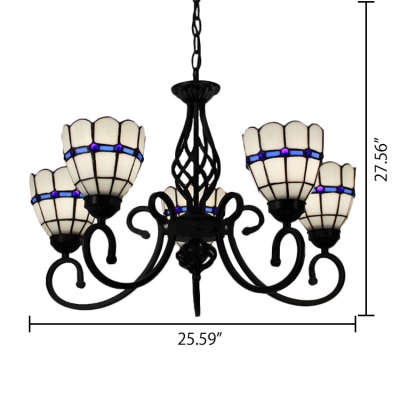 White Stained Glass Shade Tiffany Style Chandelier in Black Finish, 5 Lights