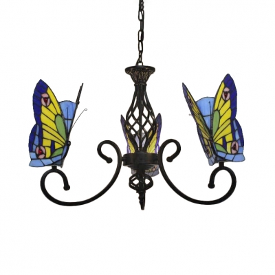3-Light Yellow&Blue Butterfly Chandelier with Wrought Iron Black Arms for Living Room Kids Room