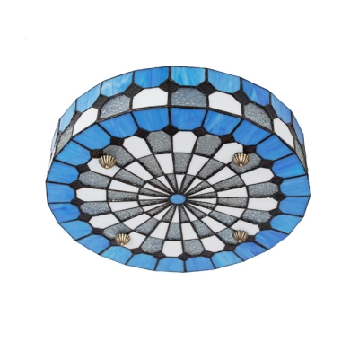 Circular Grid Blue Stained Glass Tiffany Flush Mount Ceiling Light in Mediterranean Style 2 Sizes Available