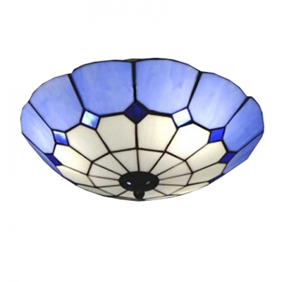Large Size Tiffany Flush Mount light with Blue Art Glass Lotus Shade