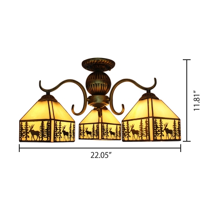 Lodge Style 3/5-Bulb Elk Pattern Chandelier Ceiling Light with Stained Glass Square Shades