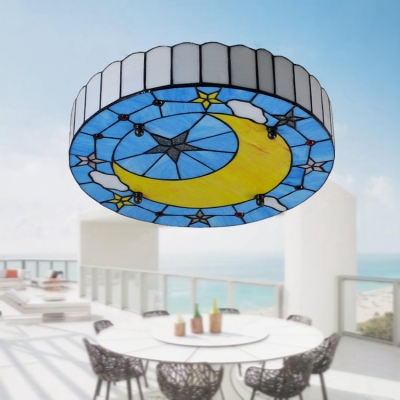 Mediterranean Style Cartoon Tiffany Flush Mount Light Featuring Star and Moon Pattern for Kids Bedroom