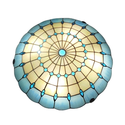Mediterranean Style Tiffany Light Blue Stained Glass Flush Mount Light 3 Sizes for Option