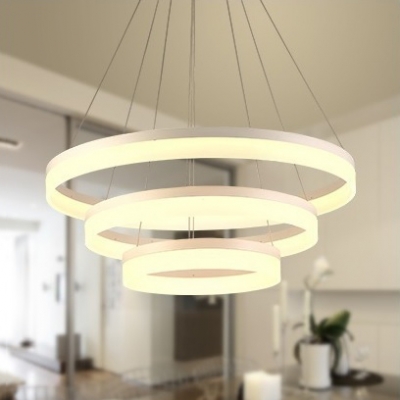 Modern Brass Tiered Frosted Shade LED Circular Ring Chandelier wIith Adjustable Height 5 Sizes for