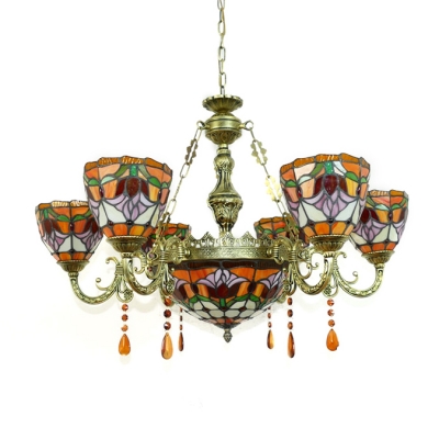 Tiffany Stained Glass Tulip Pattern 6-Arm Inverted Chandelier with Amber Crystal Droplets