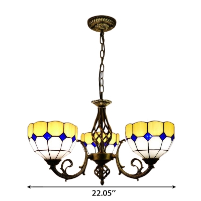 Yellow/Green/Orange Checkered Bowl Shade 3-Bulb Chandelier in Tiffany Stained Glass Style