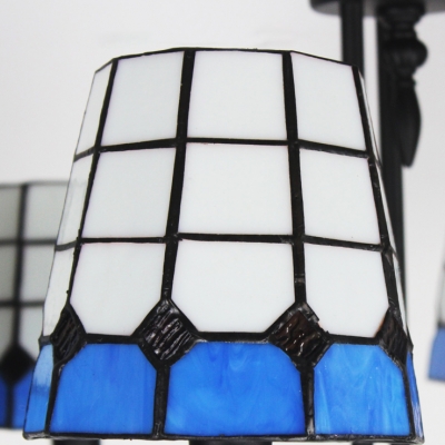 Blue&White Gird Empire Shade Tiffany Art Glass Chandelier in Black Finish 3 Sizes for Choice