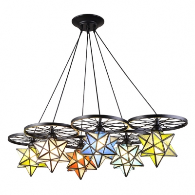 Colorful Star Designed Multi-Light Pendant Light with Black Wheel Decor 3 Sizes for Choice