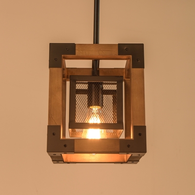 Industrial Style Indoor One Light Pendant Light with Wood Iron Frame Shade, 8.66